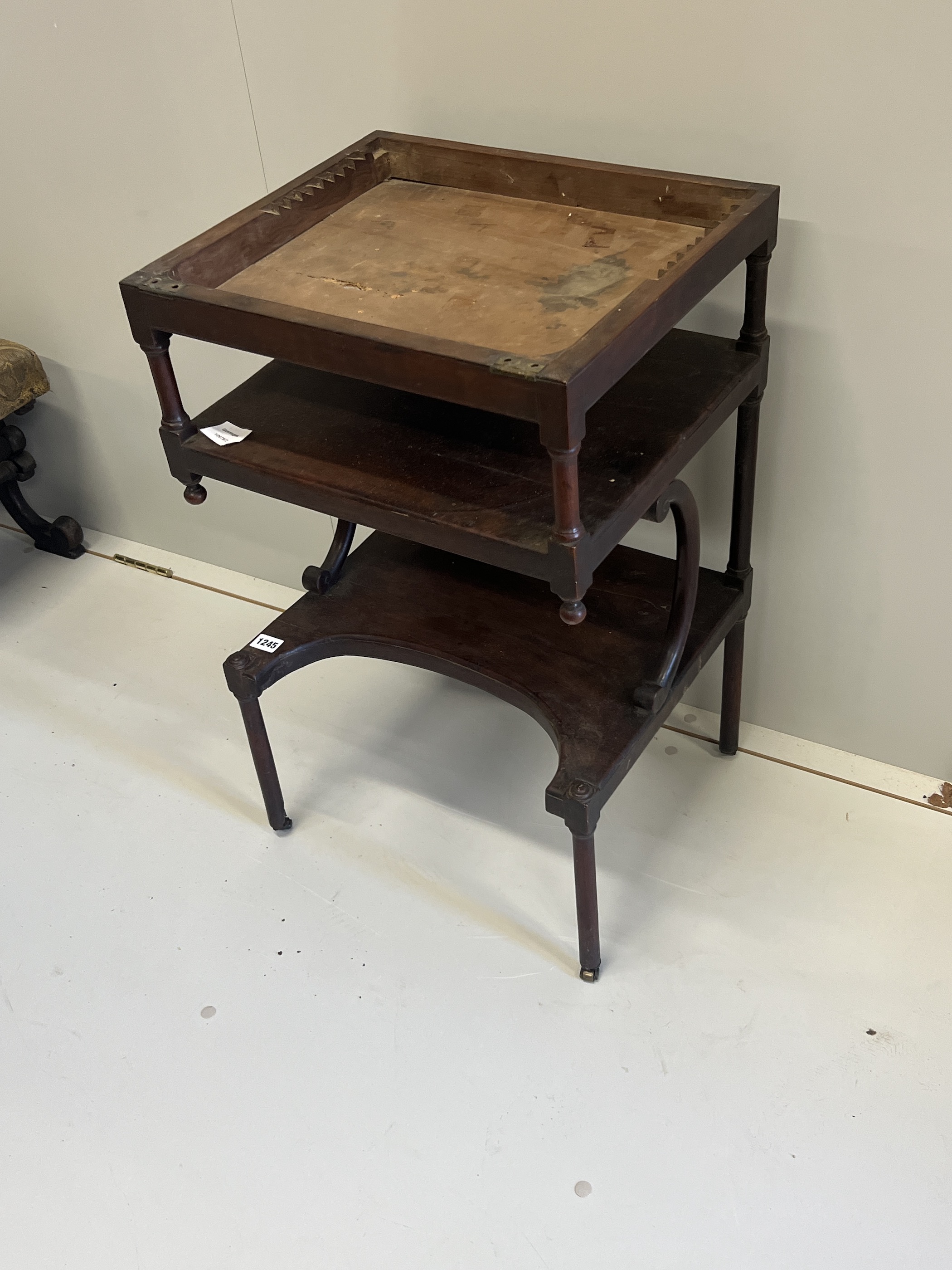An 18th century yew wood reading / writing table (incomplete), width 44cm, depth 38cm, height 71cm